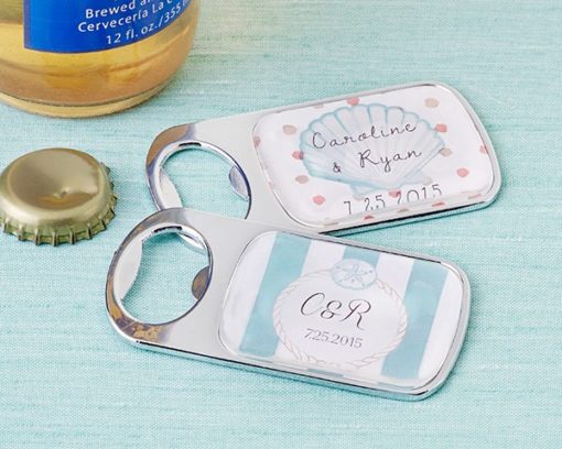 Personalized Silver Bottle Opener with Epoxy Dome - Beach Tides