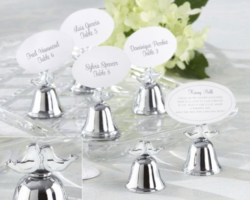 "Lovebirds" Silver-Finish Kissing Bell Place Card Holder (Set of 24)