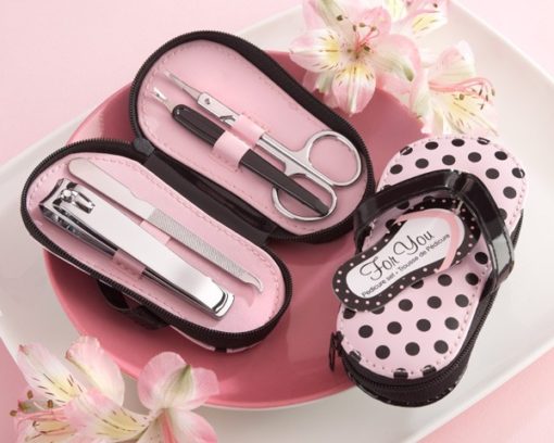 "Pink Polka Flip Flop" Five Piece Pedicure Set with Matching Tag