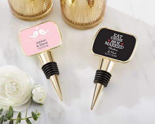Personalized Gold Bottle Stopper with Epoxy Dome - Wedding