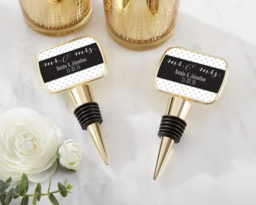 Personalized Gold Bottle Stopper with Epoxy Dome - Mr and Mrs
