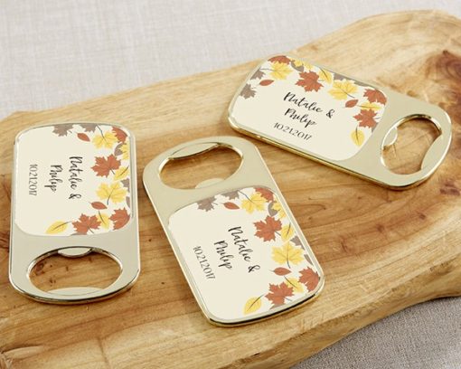 Personalized Gold Bottle Opener with Epoxy Dome - Fall Leaves