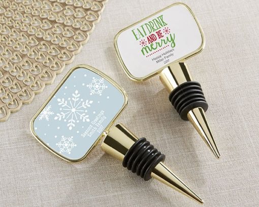Personalized Gold Bottle Stopper with Epoxy Dome - Holiday