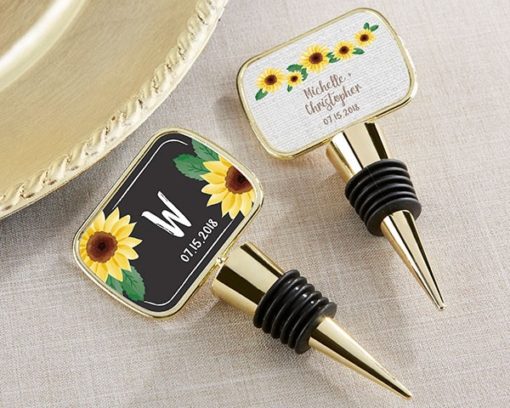 Personalized Gold Bottle Stopper with Epoxy Dome - Sunflower