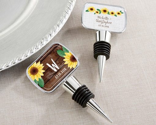Personalized Silver Bottle Stopper with Epoxy Dome - Sunflower