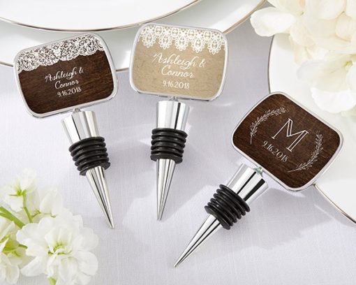 Personalized Bottle Stopper with Epoxy Dome - Rustic Charm Wedding