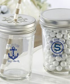 Personalized Printed Glass Mason Jar - Nautical Bridal Shower (Set of 12)