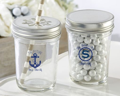 Personalized Printed Glass Mason Jar - Nautical Bridal Shower (Set of 12)