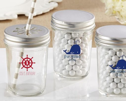Personalized Printed Glass Mason Jar - Kate's Nautical Birthday Collection (Set of 12)
