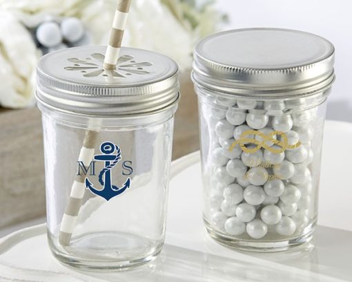 Personalized Printed Glass Mason Jar - Kate's Nautical Wedding Collection (Set of 12)