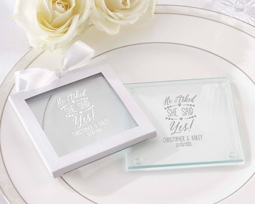 Personalized Glass Coaster - He Asked, She Said Yes (Set of 12)