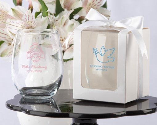 Personalized 9 oz. Stemless Wine Glass (Religious Designs) (White or Kraft Gift Box Available)