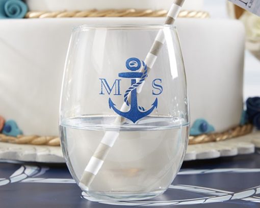 Personalized 9 oz. Stemless Wine Glass - Kate's Nautical Wedding Collection
