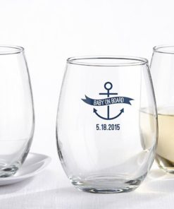 Personalized 9 oz. Stemless Wine Glass - Kate's Nautical Baby Shower Collection