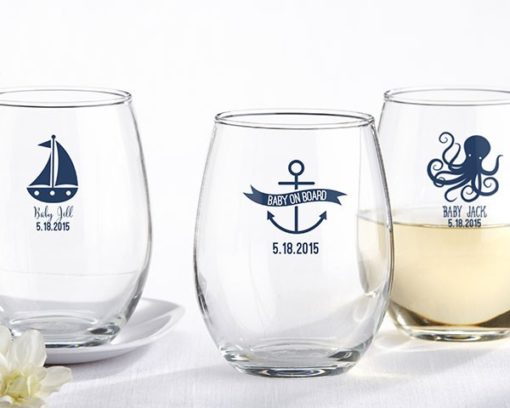 Personalized 9 oz. Stemless Wine Glass - Kate's Nautical Baby Shower Collection