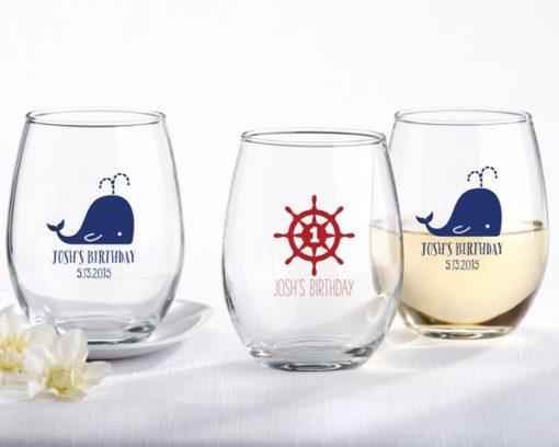Personalized 9 oz. Stemless Wine Glass - Kate's Nautical Birthday Collection