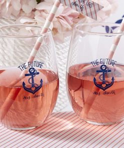Personalized 9 oz. Stemless Wine Glass - Kate's Nautical Bridal Shower Collection