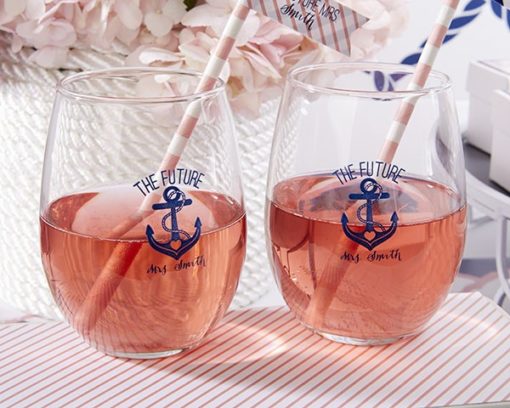 Personalized 9 oz. Stemless Wine Glass - Kate's Nautical Bridal Shower Collection