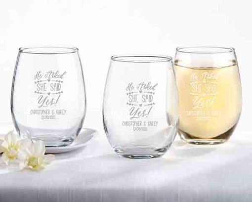Personalized 9 oz. Stemless Wine Glass - He Asked, She Said Yes