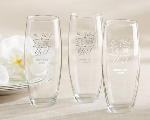 Personalized 9 oz. Stemless Champagne Glass - He Asked, She Said Yes