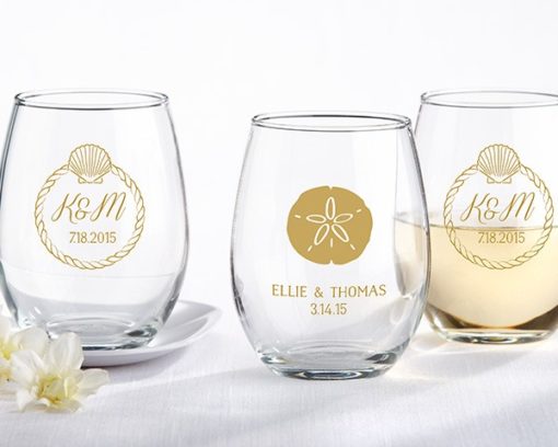 Personalized 9 oz. Stemless Wine Glass - Beach Tides