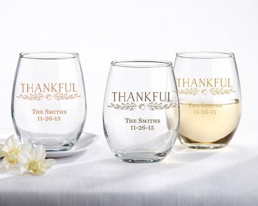 Personalized 15 oz. Stemless Wine Glass - Thankful