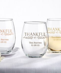 Personalized 9 oz. Stemless Wine Glass - Thankful