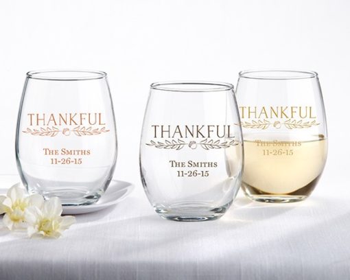 Personalized 9 oz. Stemless Wine Glass - Thankful