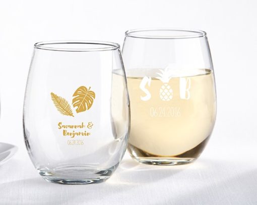 Personalized 9 oz. Stemless Wine Glass - Pineapples and Palms