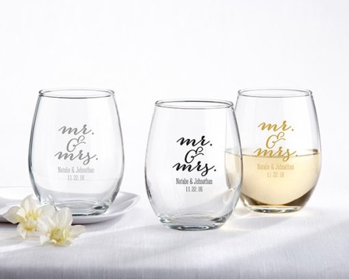 Personalized 9 oz. Stemless Wine Glass - Mr. & Mrs.