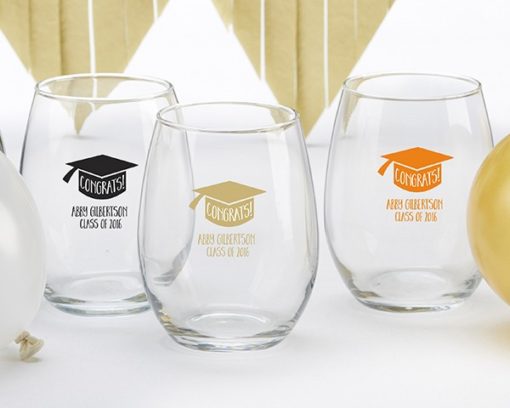 Personalized 15 oz. Stemless Wine Glass - Congrats Graduation Cap