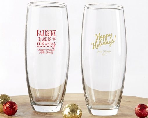 Personalized 9 oz. Stemless Champagne Glass - Holiday