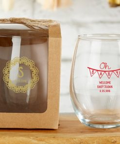 Personalized 9 oz. Stemless Wine Glass - Rustic Charm Baby Shower