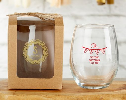 Personalized 9 oz. Stemless Wine Glass - Rustic Charm Baby Shower