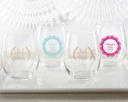 Personalized 15 oz. Stemless Wine Glass - Rustic Charm Wedding