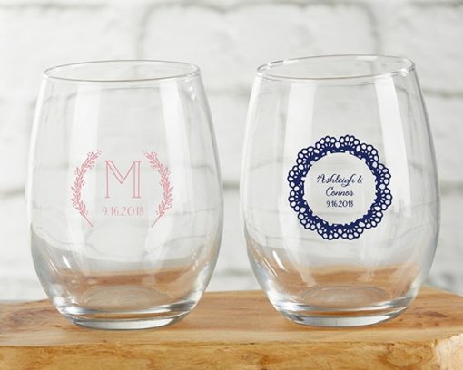 Personalized 9 oz. Stemless Wine Glass - Rustic Charm Wedding