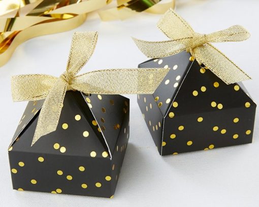 Black With Gold Foil Dot Pyramid Shaped Favor Box (Set of 24)