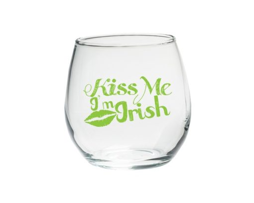 "Kiss Me I'm Irish" 15 oz. Stemless Wine Glass with Green Design (Set of 4)