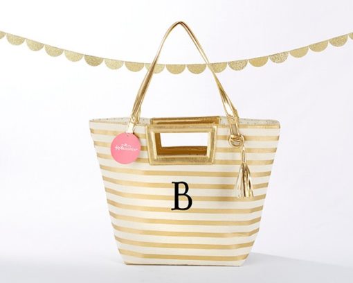 Striped Metallic Gold Tote With Tassel - Personalization Available
