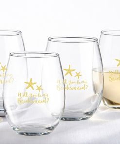 Will You Be My Bridesmaid Beach Tides 15 oz. Stemless Wine Glass (Set of 4)
