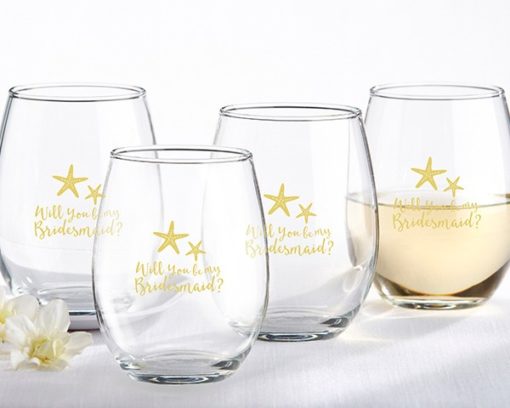 Will You Be My Bridesmaid Beach Tides 15 oz. Stemless Wine Glass (Set of 4)