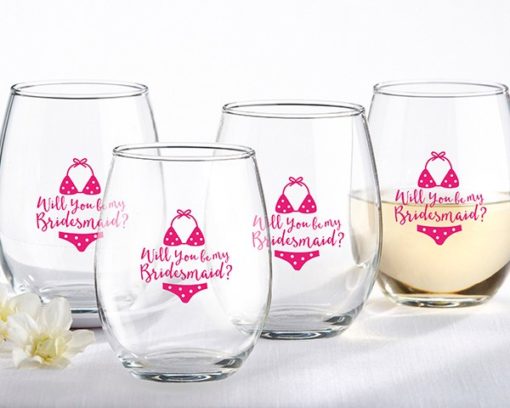 Will You Be My Bridesmaid Beach Bikini 15 oz. Stemless Wine Glass (Set of 4)