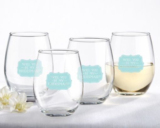 Will You Be My Bridesmaid Something Blue 15 oz. Stemless Wine Glass (Set of 4)