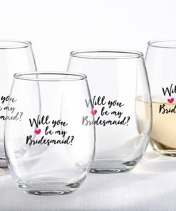 Will You Be My Bridesmaid Pink Heart 15 oz. Stemless Wine Glass (Set of 4)
