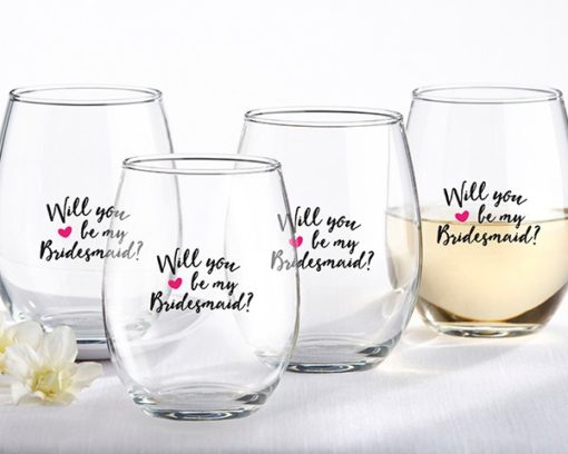 Will You Be My Bridesmaid Pink Heart 15 oz. Stemless Wine Glass (Set of 4)