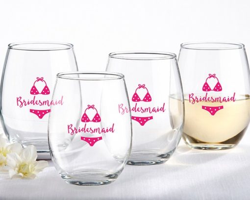 Bridesmaids Beach Bikini 15 oz. Stemless Wine Glass (Set of 4)