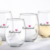 Bridesmaids Pink Heart 15 oz. Stemless Wine Glass (Set of 4)