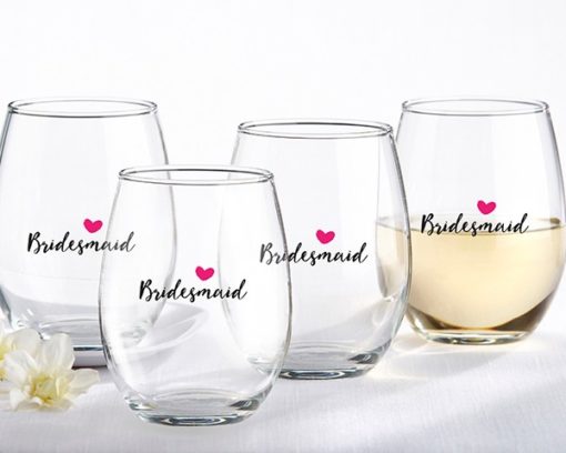 Bridesmaids Pink Heart 15 oz. Stemless Wine Glass (Set of 4)