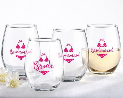 Bride and Bridesmaids Beach Bikini 15 oz. Stemless Wine Glass (Set of 4)