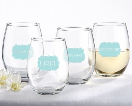 Bride and Bridesmaids Something Blue 15 oz. Stemless Wine Glass (Set of 4)